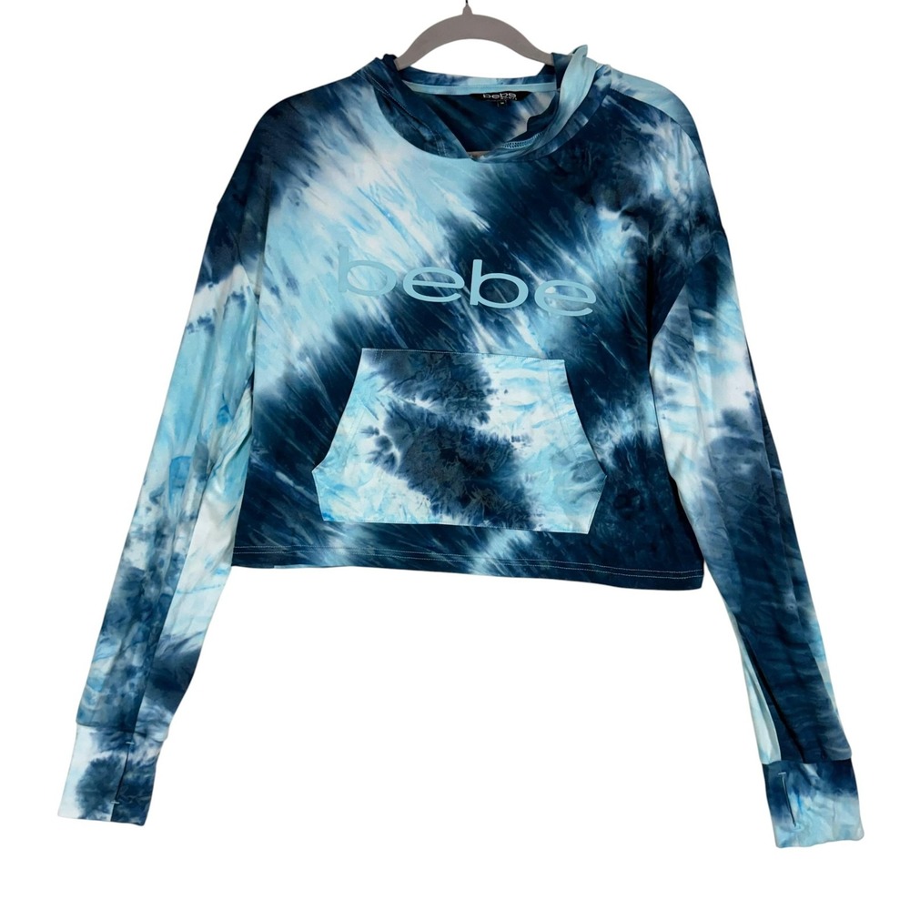 Bebe Sport Hoodie Womens Medium Blue Tie-Dye Cropped Logo Kangaroo Pocket